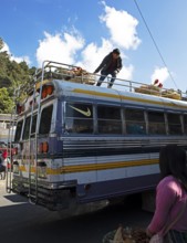 Gualtemalan man packs baskets with chickens on the roof of a bus, market in Sololá, Highlands,