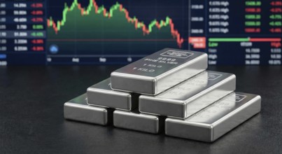 Stacked 99.99% fine silver bars are displayed in front of a digital financial chart, symbolising