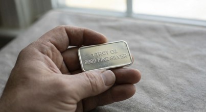Fine silver bar, with neatly stacked silver bullion bars arranged behind it, symbolising precious