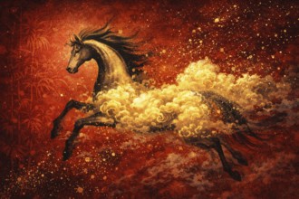 A vibrant illustration of a fiery red horse racing through a traditional Chinese landscape,