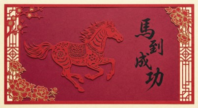 Illustration of a fiery red horse racing through a traditional Chinese landscape, symbolising
