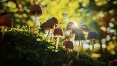 Sun rays shine through the trees and illuminate the mushrooms in the forest, romantic atmosphere,