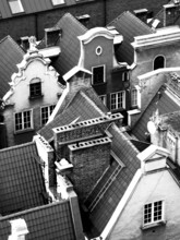 Detailed view of historic roofs and facades of old buildings, Danzig, Poland