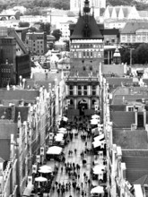 View of a busy street with a dominant tower in the background, Gdansk, Poland