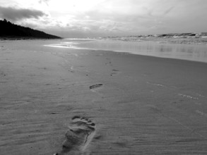A secluded beach on the Baltic Sea with footprints in the sand and a wide, cloudy sky, Poland