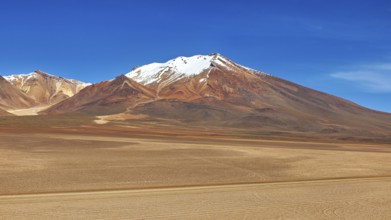 Majestic snow-capped mountain in front of a vast, sandy desert landscape, The landscape of the