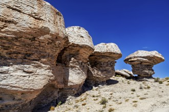 Impressive rock formations rise in the vast desert landscape under a cloudless sky, The landscape