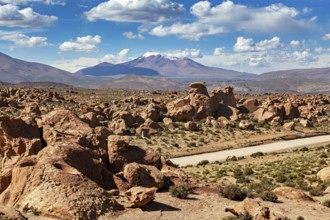 Arid landscape with distinctive rocks, a desert road and mountain backdrop under a cloudy sky, The