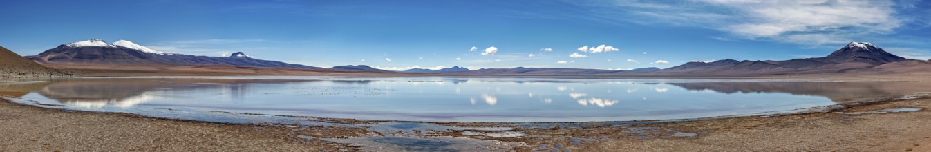 Infinite horizon with a reflecting lake and majestic mountains under a blue sky, Laguna Colorada in