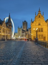 Ghent, Belgium, Flanders. The Cathedral and Historical Town from a bridge. UNESCO
