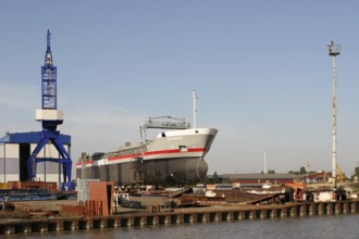 Freight ship MAASBORG at the shipyard, Leer, East Frisia, Germany