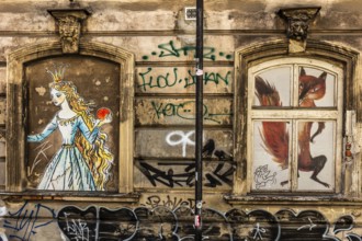 Street art on the wall of a building in the Kazimierz Jewish Quarter, a historically significant,
