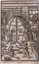 Copper engraving glass production in a glassworks, Basel 1556, Piast Castle Museum, 16th century,