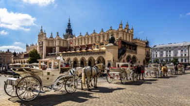 Carriage in front of Rynek with Cloth Hall, from 13th century, Main Market Square, landmark of the