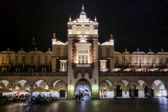 Night view of Rynek with Cloth Hall, from 13th century, Main Market Square, city landmark, Krakow,