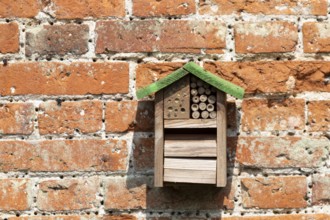 Bee or bug hotel or insect house on a brick wall in a garden, England, United Kingdom