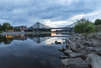 Blue Wonder bridge over the Elbe at sunset, Loschwitz, Dresden, Saxony, Germany