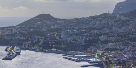 Dusk, Atlantic Ocean, harbour with cruise ships, Funchal, Madeira, Portugal