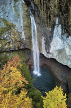 Aerial view of Berglistüber waterfall in autumn-colored surroundings, Linthal, Klausenpass, Canton