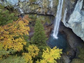 Aerial view of Berglistüber waterfall in autumn-colored surroundings, Linthal, Klausenpass, Canton
