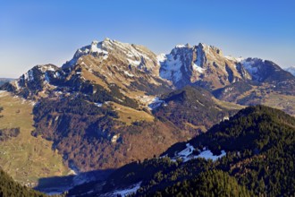 View of snow-covered Säntis from Gulmen, Amden, Canton of St. Gallen, Switzerland