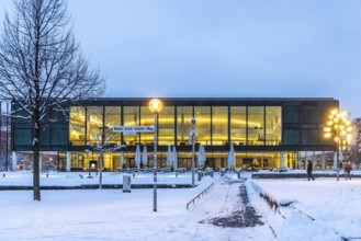Exterior view of the state parliament building. Winter in Stuttgart. The city is wintry white early