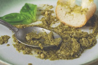 On a platter is a pesto sauce made from fresh basil, with a slice of bread and a spoon on a plate.