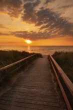 Wooden walkway through the dunes on the Baltic Sea at sunrise, Dahme, Ostholstein, Germany