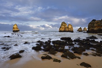 Rock formations on the coast in the evening light, Praia do Camilo, Lagos, Algarve, Portugal