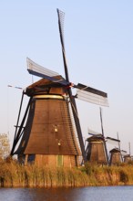 Historic windmills in the evening light, UNESCO World Heritage Site, Kinderdijk, South Holland,