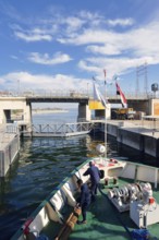 Nile cruise ship enters the lock at the Esna dam, Esna, Egypt