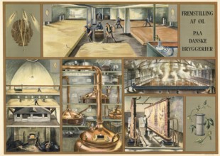 Traditional craft, beer production in a brewery in Denmark, 1930, illustration, reproduction from a