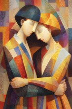 Cubist view of a couple hand in hand, Painting like composition, AI generated