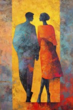 Couple walking hand in hand in a love silhouette, Painting like composition, AI generated