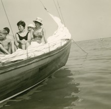 Historical photo summer 1961, tourists, beach, Rimini, Italy