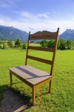 Bank, optical illusion at Café Pauli, Aschau, Chiemgau, Upper Bavaria, Bavaria, Germany