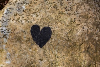 Close-up of painted black heart symbol on tanned nuanced rock surface, Quebec, Canada