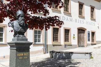 Karlsplatz with Adam Ries House and Memorial in Annaberg, Annaberg-Buchholz, Ore Mountains, Saxony,