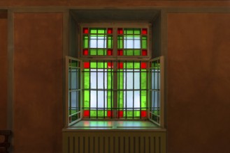Colourful window in the Remuh synagogue in the Kazimierz Jewish district, Krakow, Poland