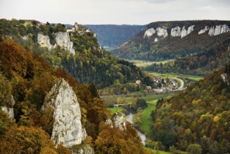 Autumnal forest and Werenwag Castle, Eichfelsen viewpoint, near Irndorf, Upper Danube nature park