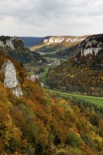 Autumnal forest and Werenwag Castle, Eichfelsen viewpoint, near Irndorf, Upper Danube nature park