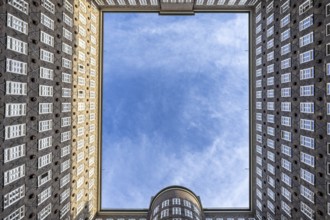 View of the sky in the courtyard of the Chilehaus in the Kontorhausviertel, Hamburg, Germany