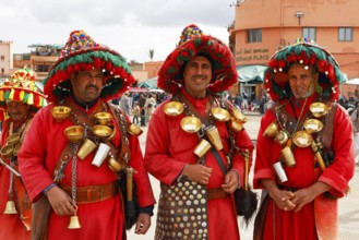 Traditional water sellers on Djemaa el Fna, Hanged Square, Gauklerplatz, Marrakech, historic old