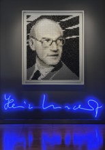 Portrait of Heinz Nixdorf from 3691 used computer keys, pixel art by Peter Schönwandt with the