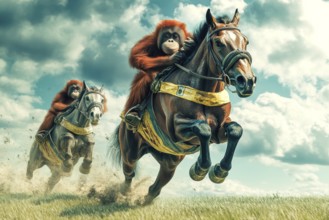 Orangutans participating in horse racing, AI generated