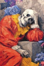 Frightened representation of the allegory of death symbolized by a dressed skeleton, AI generated