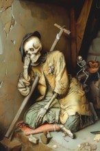 Medieval representation of the allegory of Death symbolized by man and skulls, AI generated