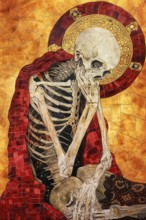 Surrealistic representation of the allegory of Death symbolized by a skeleton, AI generated