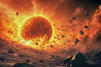 Imaginary planet burning in space after a collision with a giant comet, AI generated