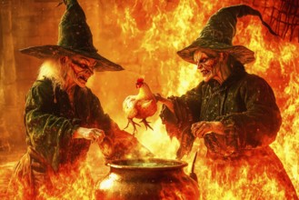 Two horrible witches preparing a chicken to be boiled in a cauldron, AI generated